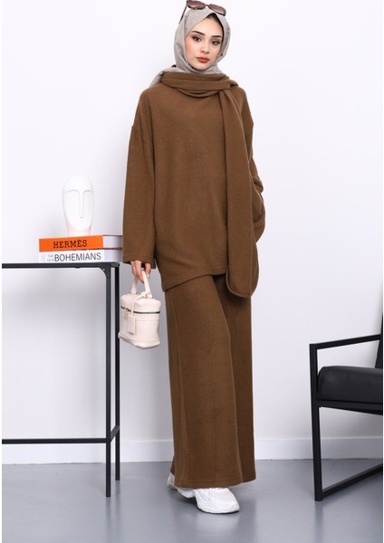 Kahverengi Atkılı Tunik Pantolonlu Fitilli Takım modelleri