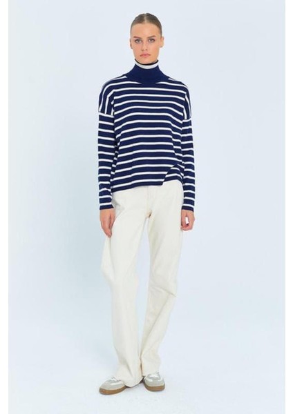 kadın çizgili balıkçı yaka triko kazak
