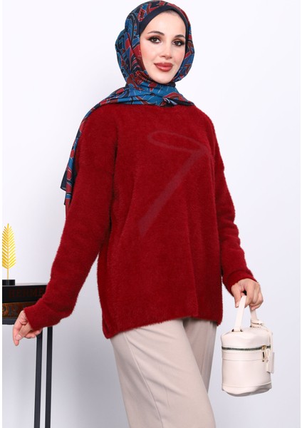 Bordo Bisiklet Yaka Desenli Angora Yumoş Triko Kazak