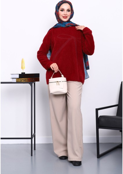 Bordo Bisiklet Yaka Desenli Angora Yumoş Triko Kazak fiyatları