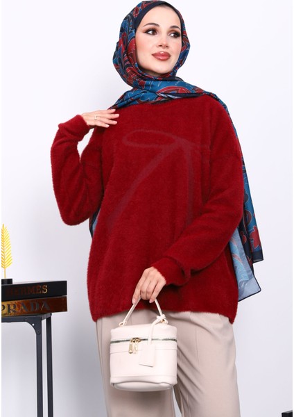 Bordo Bisiklet Yaka Desenli Angora Yumoş Triko Kazak modelleri