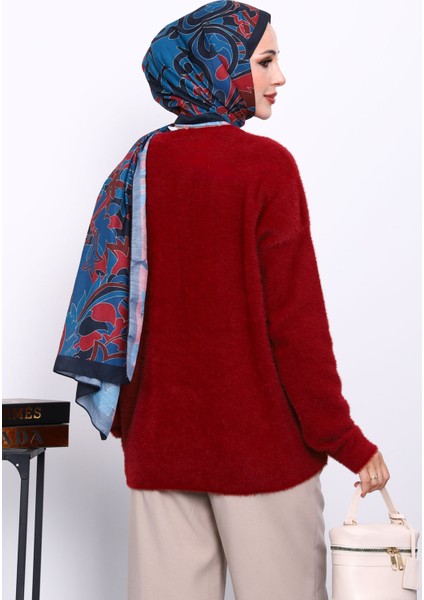 Bordo Bisiklet Yaka Desenli Angora Yumoş Triko Kazak fırsatları