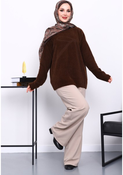 Kahverengi Bisiklet Yaka Desenli Angora Yumoş Triko Kazak fiyatları