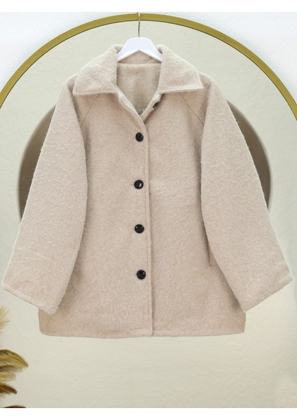 Alpaco Çift Cepli Önü Düğmeli Astarlı Buklet Kaban -Bej -Collectıon