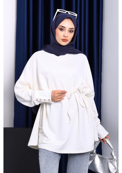 Ekru Düğme Detaylı Oversize Sweatshirt