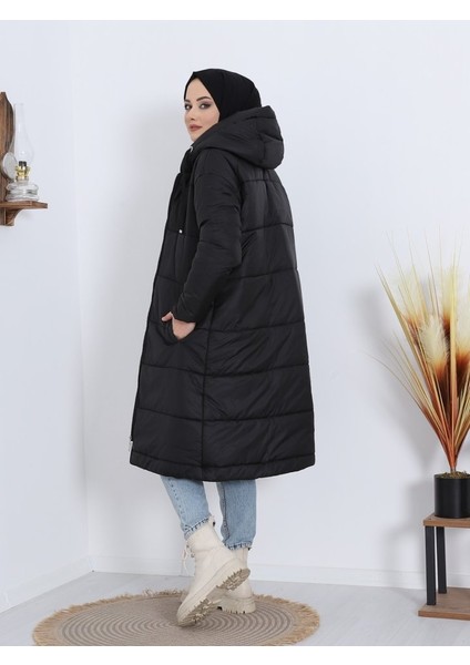 Alpaco Sabit Kapşonlu Kuş Gözü Detaylı Uzun Kaban -Siyah -Collectıon