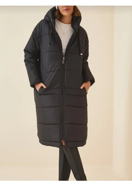 Alpaco Sabit Kapşonlu Kuş Gözü Detaylı Uzun Kaban -Siyah -Collectıon modelleri