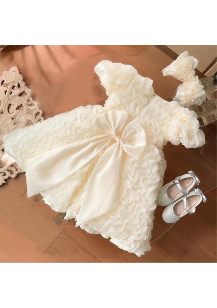 Kız Çocuk Abiye Elbise-Fırfırlı Kabrık Model,büyük Fiyonk Detaylı,krem ve Pambe Renk