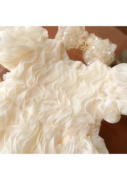 Kız Çocuk Abiye Elbise-Fırfırlı Kabrık Model,büyük Fiyonk Detaylı,krem ve Pambe Renk modelleri