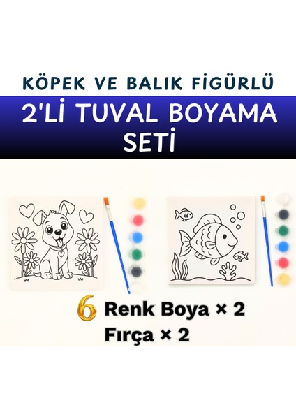 2’li Baskılı Tuval Boyama Anaokulu Sınıf Seti – 15X15 cm Baskılı Tuval, 6 Renk Akrilik Boya, Fırça