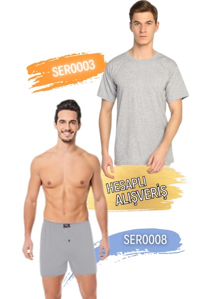 Erkek Sıfır Yaka Penye Atlet ve Boxer Takım 6'lı Set (12 Parça) SER0003 - SER0008
