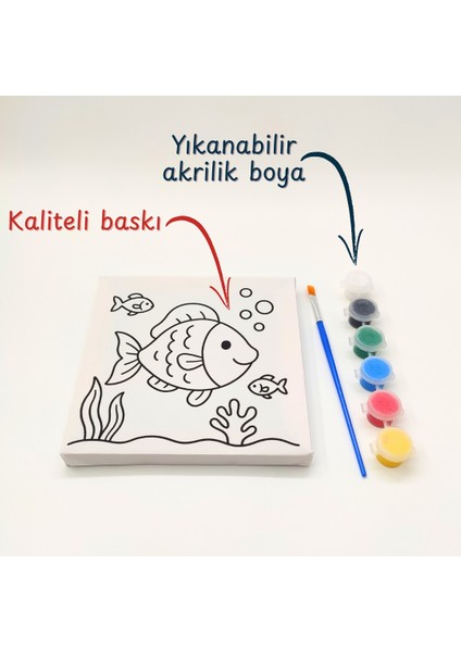 2’li Çocuk Tuval Boyama Anaokulu Sınıf Seti – 15X15 cm Baskılı Tuval, 6 Renk Akrilik Boya, Fırça