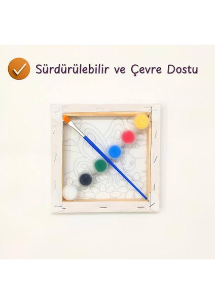 2’li Çocuk Tuval Boyama Anaokulu Sınıf Seti – 15X15 cm Baskılı Tuval, 6 Renk Akrilik Boya, Fırça