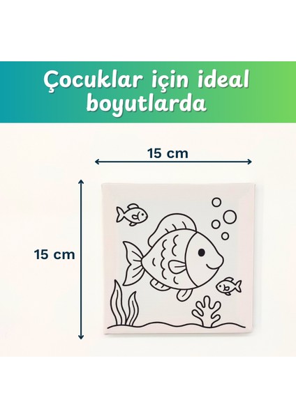 2’li Çocuk Tuval Boyama Anaokulu Sınıf Seti – 15X15 cm Baskılı Tuval, 6 Renk Akrilik Boya, Fırça