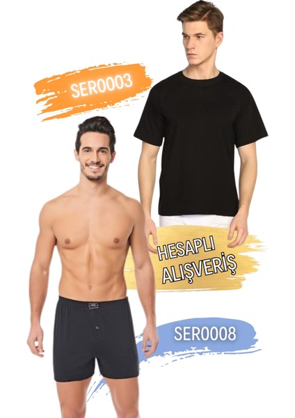 Erkek Sıfır Yaka Penye Atlet ve Boxer Takım 6'lı Set (12 Parça) SER0003 - SER0008