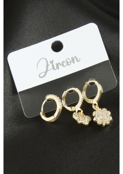 Techmrt 3 Adet Kelebek Yonca Zirkon Taşlı Küpe-Sarı fiyatları