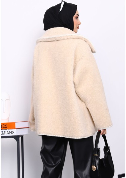 Bej Bağlama Detaylı Cepli Peluş Kürk Kaban fırsatları