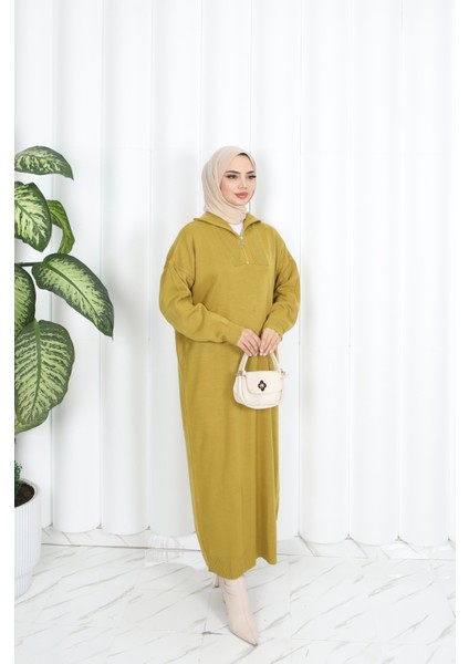 Fitilli Fermuarlı Triko Elbise