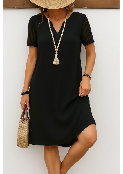 Kadın Kısa Kollu V Yakalı Kısa Janjan Krep Elbise