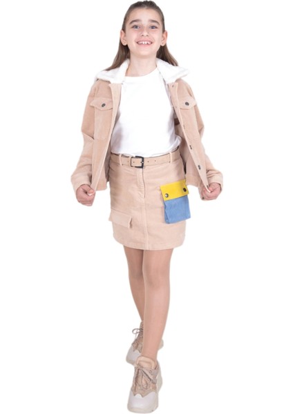 Fitilli Kadife Krem Kışlık Kız Çocuk Etek