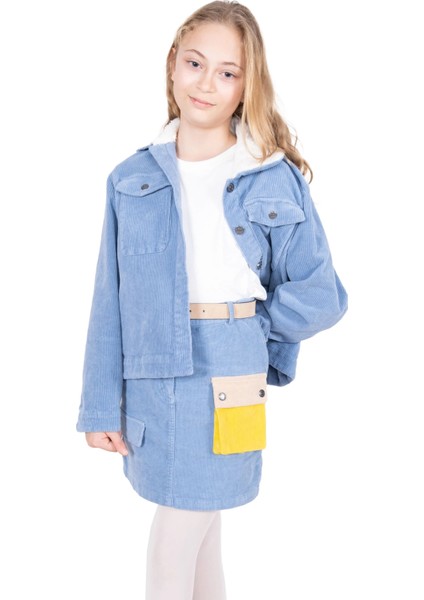 Fitilli Kadife Açık Mavi Kışlık Kız Çocuk Etek