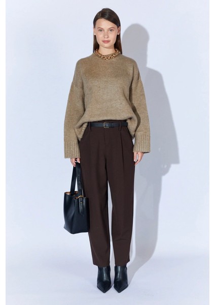 Bisiklet Yaka Oversize Kadın Kazak (Vizon)