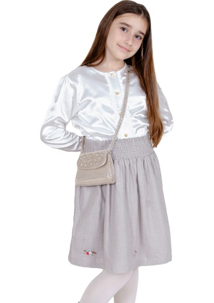 Nakış Işlemeli Ekose Açık Kahve Baharlık Kız Çocuk Etek