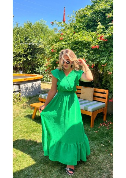 Kadın Kısa Kollu Kruvaze Yakalı Beli Lastikli Müslim Elbise modelleri