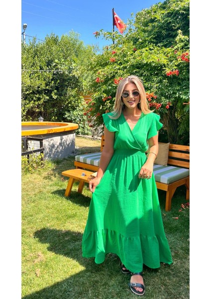 Kadın Kısa Kollu Kruvaze Yakalı Beli Lastikli Müslim Elbise fırsatları