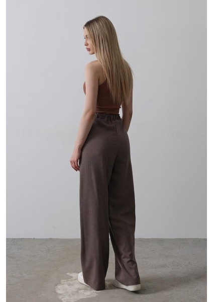 Beli Yarım Lastikli Palazzo Pantolon - Kahve fırsatları