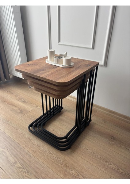 Metal Siyah Tekerlekli 4 Lü Ceviz Zigon Sehpa