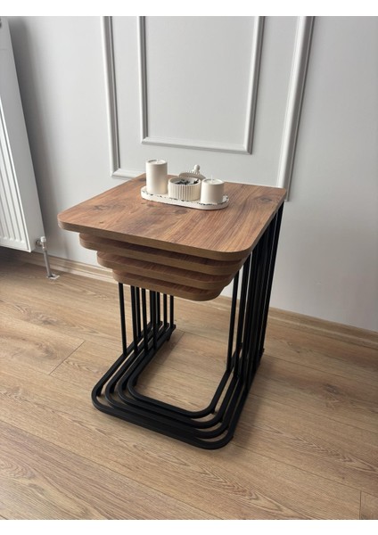 Metal Siyah Tekerlekli 4 Lü Ceviz Zigon Sehpa fiyatları