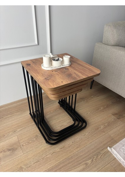 Metal Siyah Tekerlekli 4 Lü Ceviz Zigon Sehpa modelleri