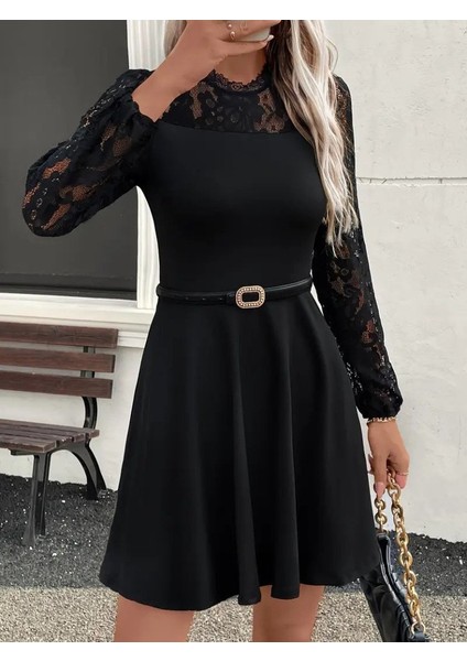 Kadın Uzun Kollu Dantelli Kloş Mini Ithal Krep Elbise indirimleri