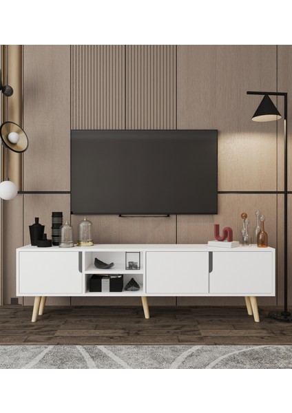 Latina Ahşap Ayaklı Tv Ünitesi Tv Sehpası 180 cm Safir Meşe - Beyaz