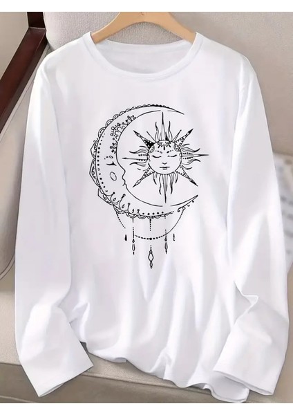 Kadın Uzun Kollu Bisiklet Yaka Ay Baskılı Viskon Bluz indirimleri