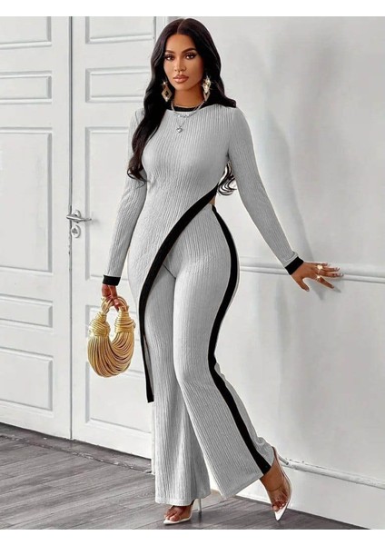 Kadın Uzun Kollu Bisiklet Yaka Asimetrik Kesim Bluz Şardonlu Kaşkorse Bluz ve Pantolon Ikili Takım fiyatları