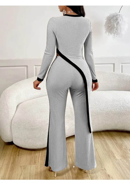 Kadın Uzun Kollu Bisiklet Yaka Asimetrik Kesim Bluz Şardonlu Kaşkorse Bluz ve Pantolon Ikili Takım fırsatları