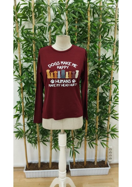 Kadın Uzun Kollu Bisiklet Yaka Köpek Resimli Viskon Bluz indirimleri