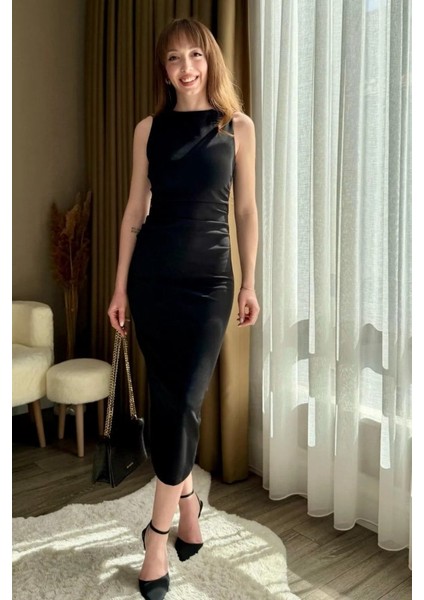 Kadın Sıfır Kol Sıfır Yaka Drape Detaylı Midi Janjan Krep Elbise indirimleri