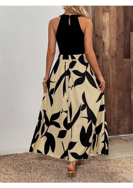 Kadın Sıfır Kollu Yakadan Şeritli Omuzlardan Açık Janjan Krep Desenli Al Dalgıç Maxi Elbise modelleri