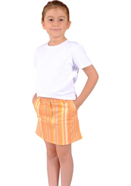 Çizgili Turuncu Yazlık Kız Çocuk Mini Etek
