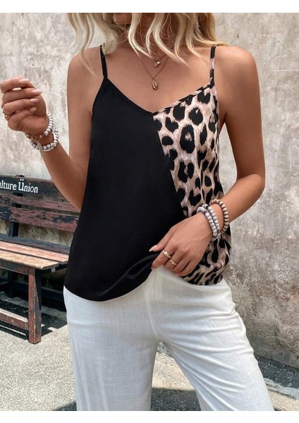 Kadın Ip Askılı V Yakalı Leopar Desenli Viskon Bluz
