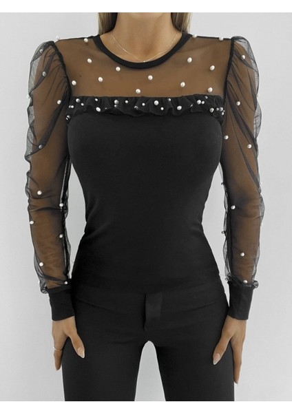 Kadın Uzun Kollu Kol ve Yaka Tül ve Inci Detay Viskon Bluz fırsatları