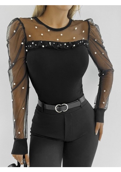 Kadın Uzun Kollu Kol ve Yaka Tül ve Inci Detay Viskon Bluz