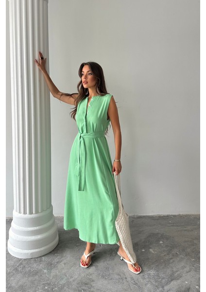 Keten Elbise Kolsuz Bel Bağlamalı Maxi Elbise - Yeşil modelleri