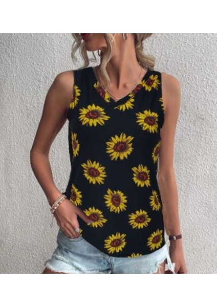 Kadın V Yaka Kolsuz Ayçiçeği Desen Krep Bluz fiyatları