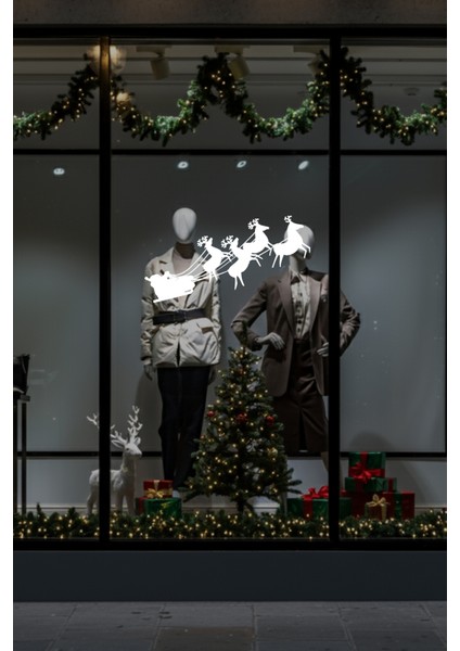 Yılbaşı Süslemeleri Noel Baba Geyikler Sticker Çıkartma 26X50CM - Beyaz fırsatları