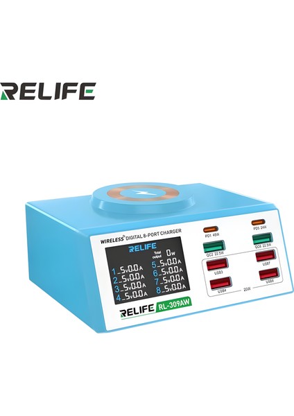 Relıfe RL-309AW | 100W Akıllı 8 Port Şarj Cihazı (Kısa Devre Onarım Fonksiyonlu, Kablosuz + Dijital USB Tester)