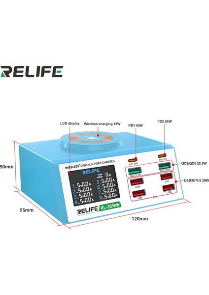 Relıfe RL-309AW | 100W Akıllı 8 Port Şarj Cihazı (Kısa Devre Onarım Fonksiyonlu, Kablosuz + Dijital USB Tester) fiyatları
